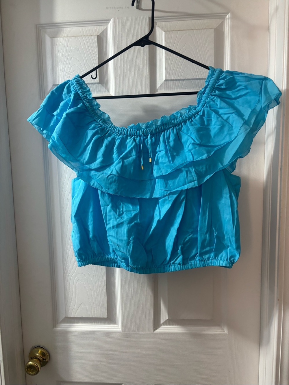 Trina Turk Turquoise Off-Shoulder Ruffle Crop Top
